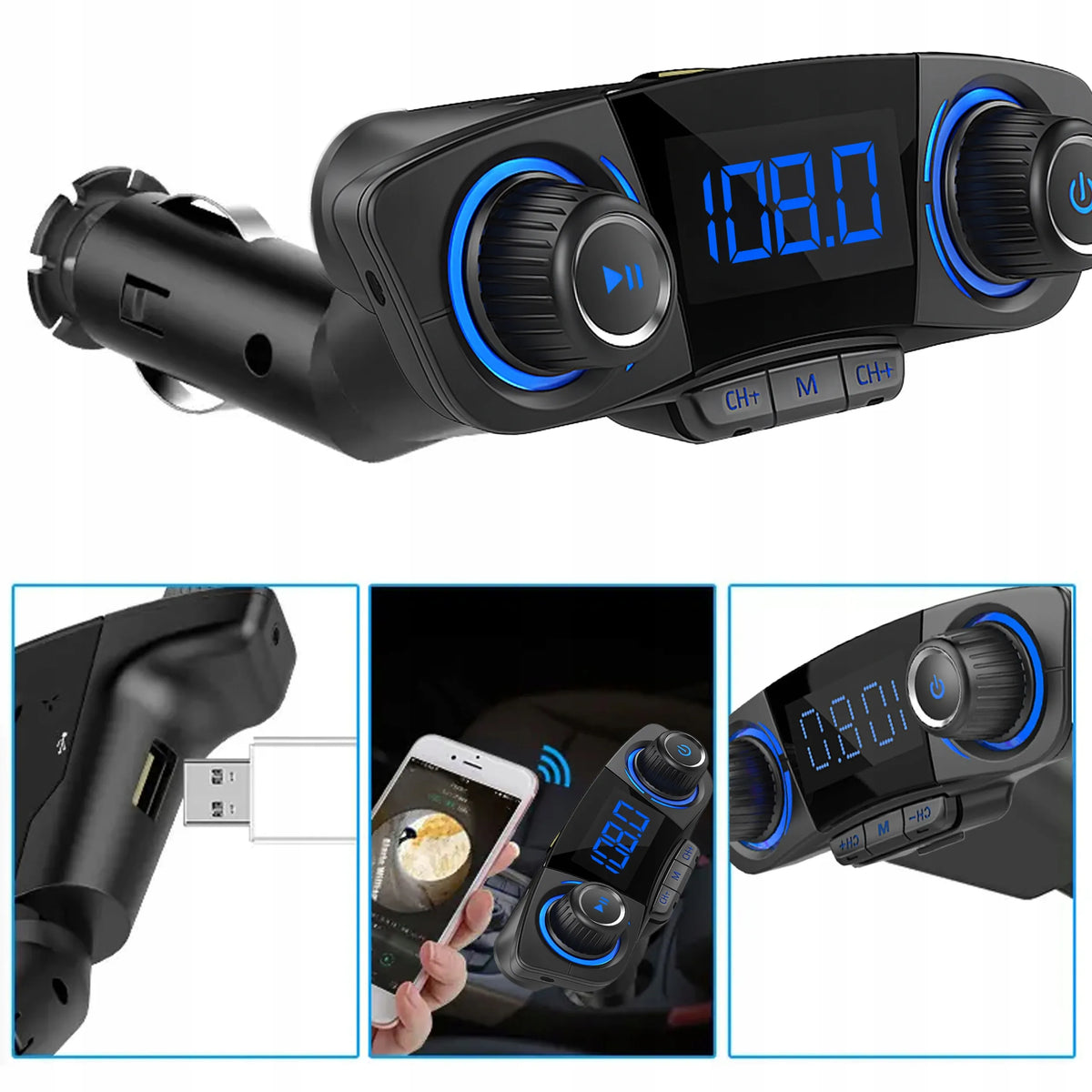 Automobilinis FM siųstuvas „Bluetooth 5.0“ su 2x USB įkrovikliu 8-viename su lanksčia jungtimi