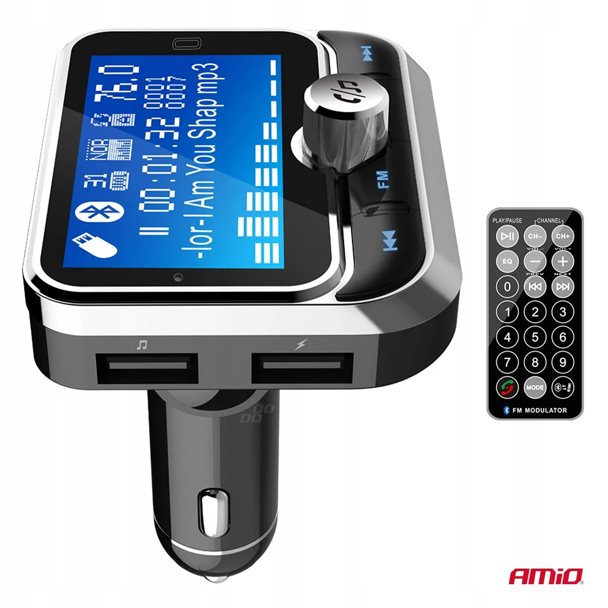 Automobilinis FM siųstuvas su nuotolinio valdymo pulteliu 2×USB-A 12V 24V AMIO-04657