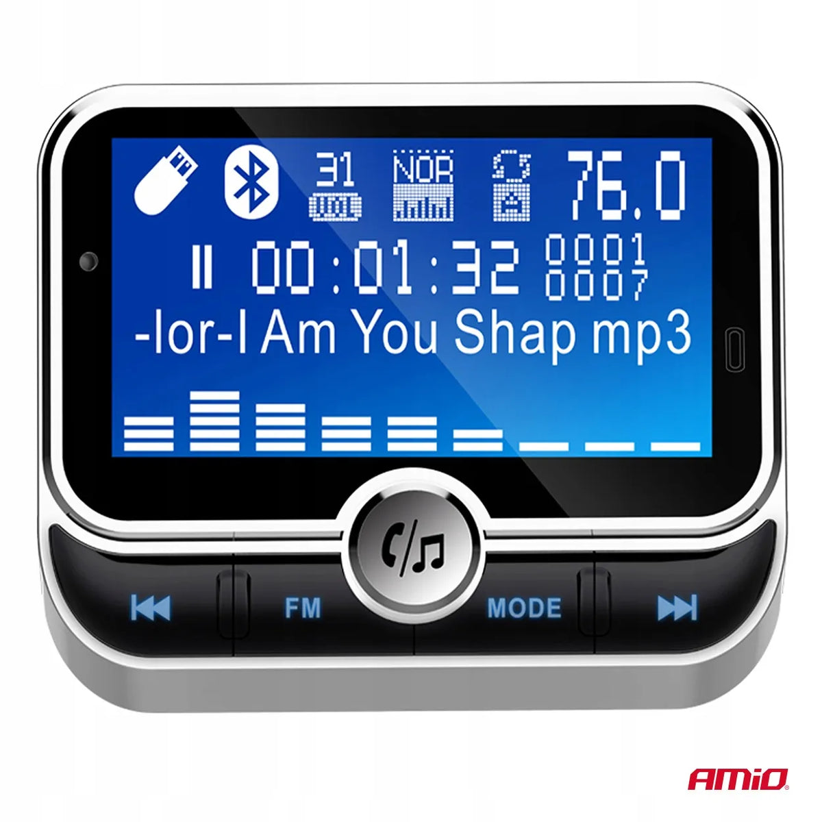 Automobilinis FM siųstuvas su nuotolinio valdymo pulteliu 2×USB-A 12V 24V AMIO-04657