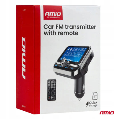 Automobilinis FM siųstuvas su nuotolinio valdymo pulteliu 2×USB-A 12V 24V AMIO-04657