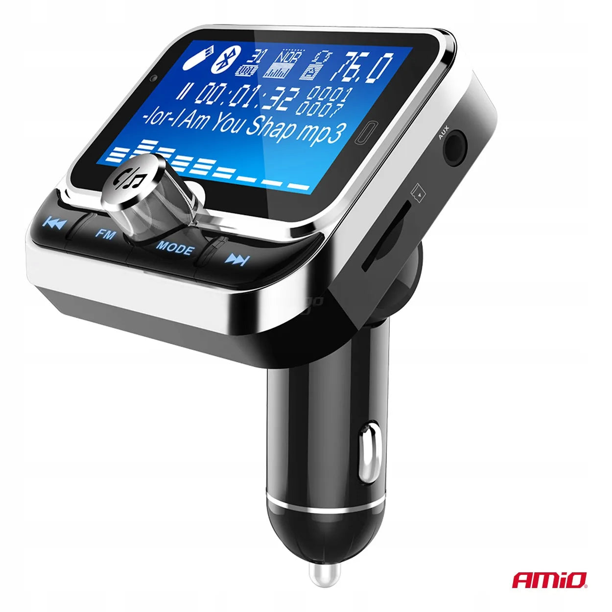 Automobilinis FM siųstuvas su nuotolinio valdymo pulteliu 2×USB-A 12V 24V AMIO-04657