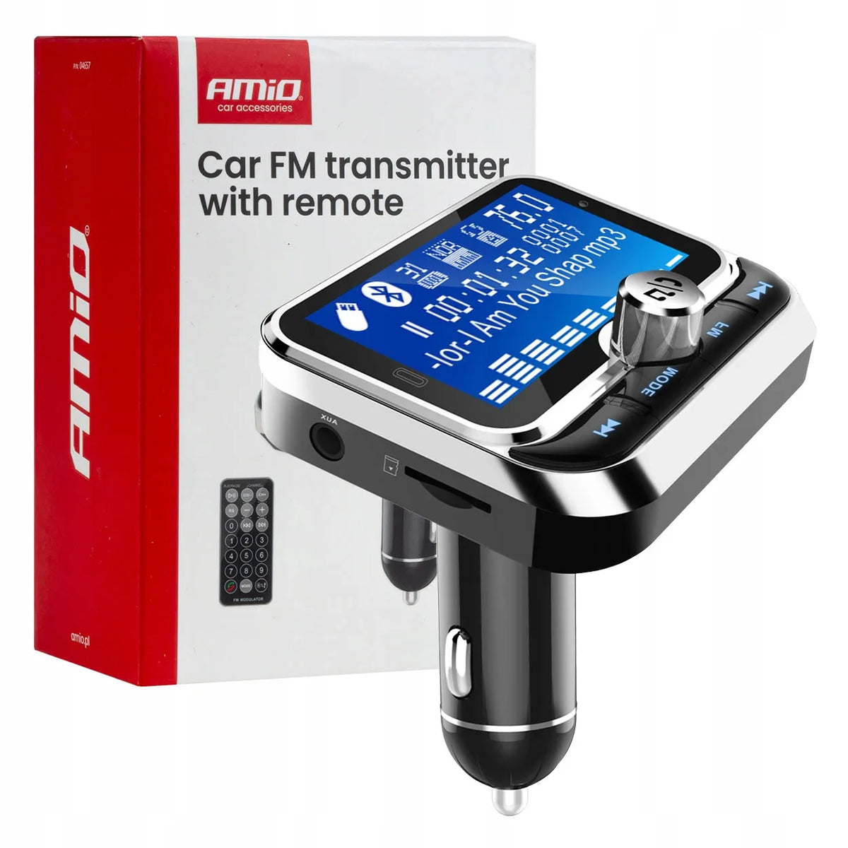 Automobilinis FM siųstuvas su nuotolinio valdymo pulteliu 2×USB-A 12V 24V AMIO-04657