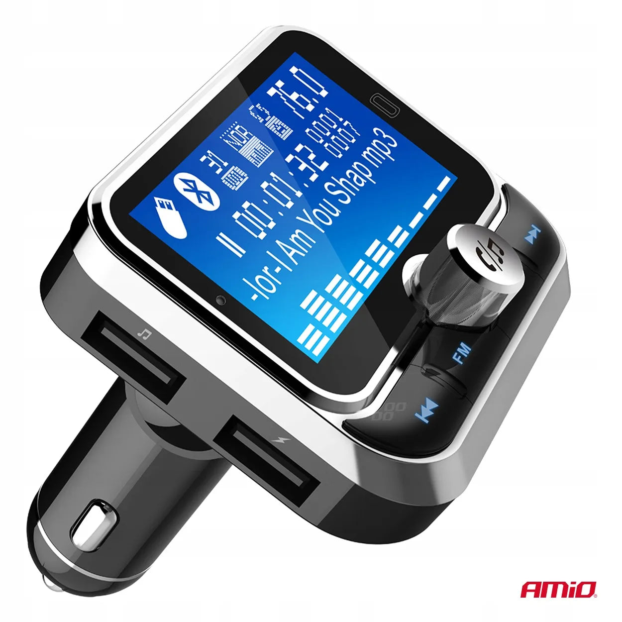 Automobilinis FM siųstuvas su nuotolinio valdymo pulteliu 2×USB-A 12V 24V AMIO-04657