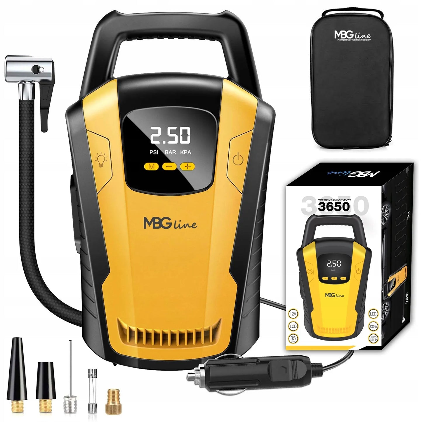 Automobilinis kompresorius 120W 12V LED LCD MBG Line 3650 35L/min + adapteris