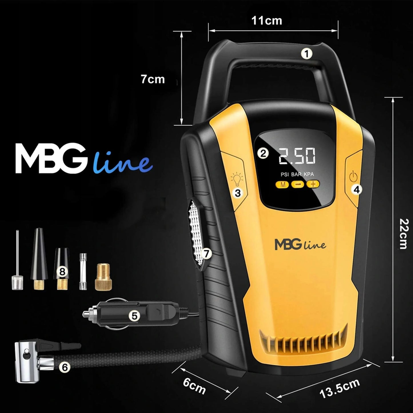 Automobilinis kompresorius 120W 12V LED LCD MBG Line 3650 35L/min + adapteris
