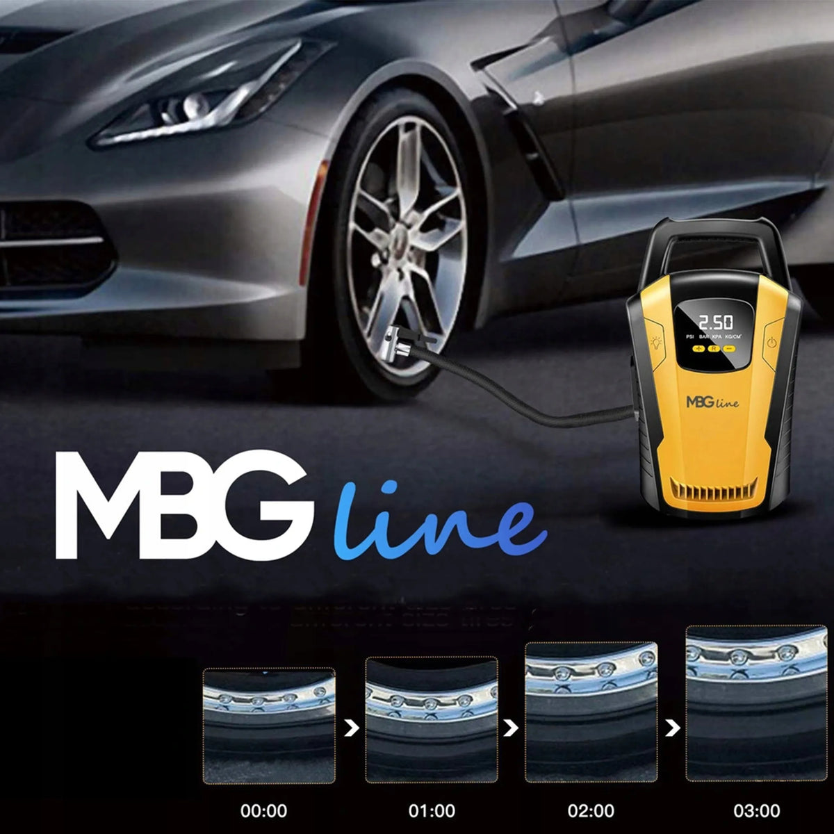 Automobilinis kompresorius 120W 12V LED LCD MBG Line 3650 35L/min + adapteris