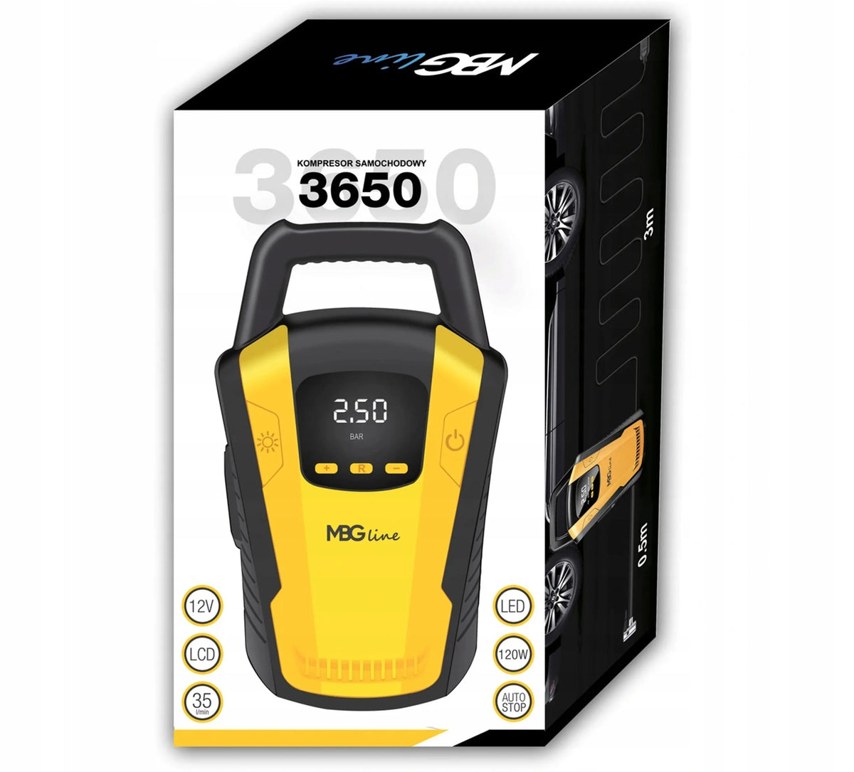 Automobilinis kompresorius 120W 12V LED LCD MBG Line 3650 35L/min + adapteris