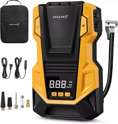 Automobilinis kompresorius 12V 230V Feegar, nešiojama oro pompa ratams su LED apšvietimu