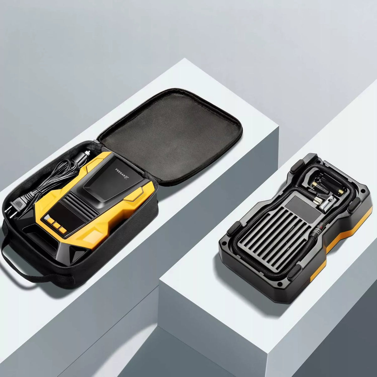 Automobilinis kompresorius 12V 230V Feegar, nešiojama oro pompa ratams su LED apšvietimu