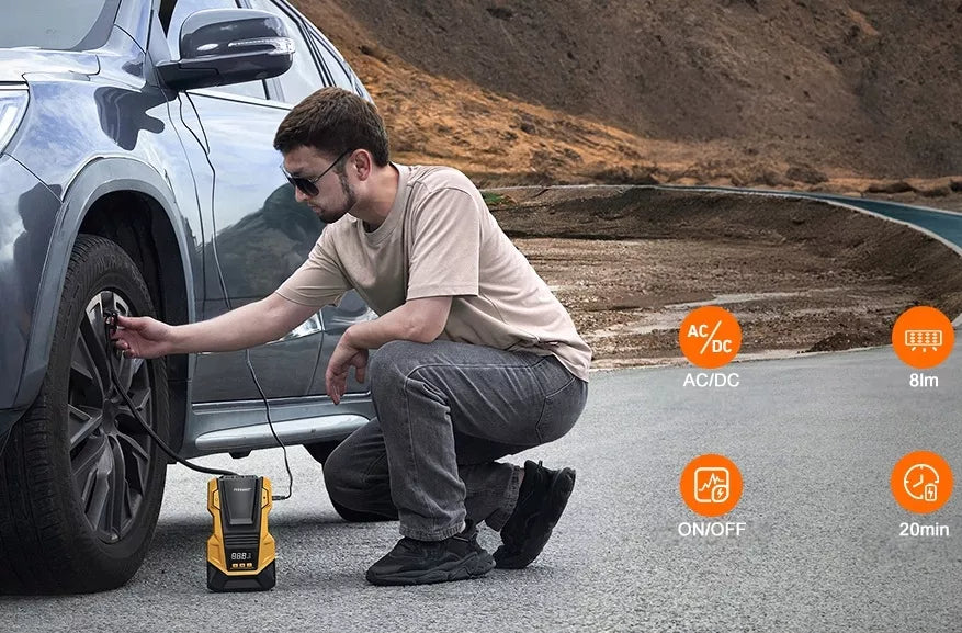 Automobilinis kompresorius 12V 230V Feegar, nešiojama oro pompa ratams su LED apšvietimu
