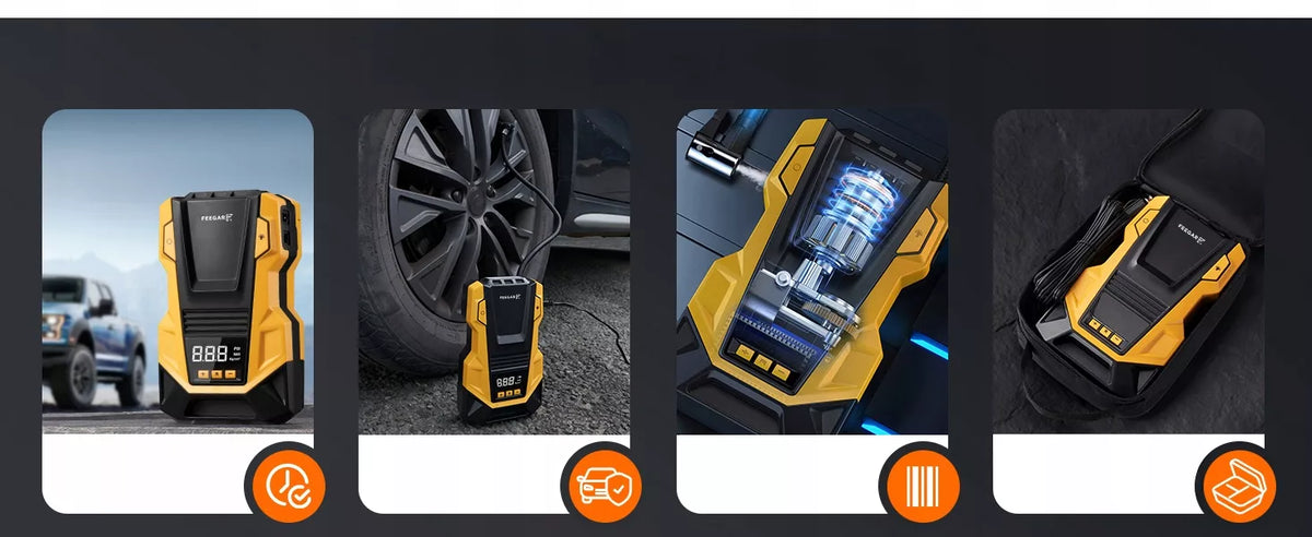 Automobilinis kompresorius 12V 230V Feegar, nešiojama oro pompa ratams su LED apšvietimu