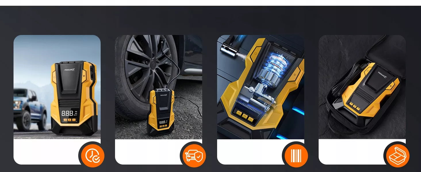 Automobilinis kompresorius 12V 230V Feegar, nešiojamas siurblys padangoms su LED