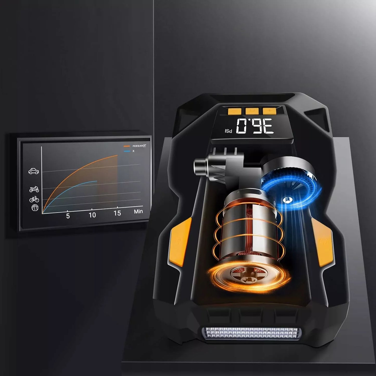 Automobilinis kompresorius 12V 230V Feegar, nešiojamas siurblys padangoms su LED
