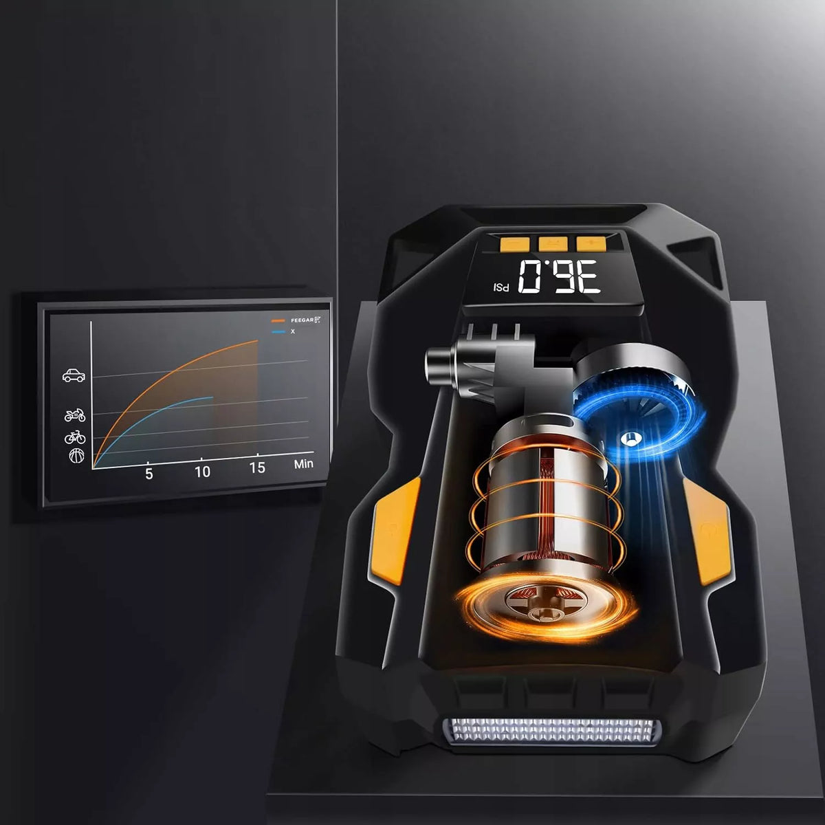 Automobilinis kompresorius 12V 230V Feegar, nešiojamas siurblys padangoms su LED