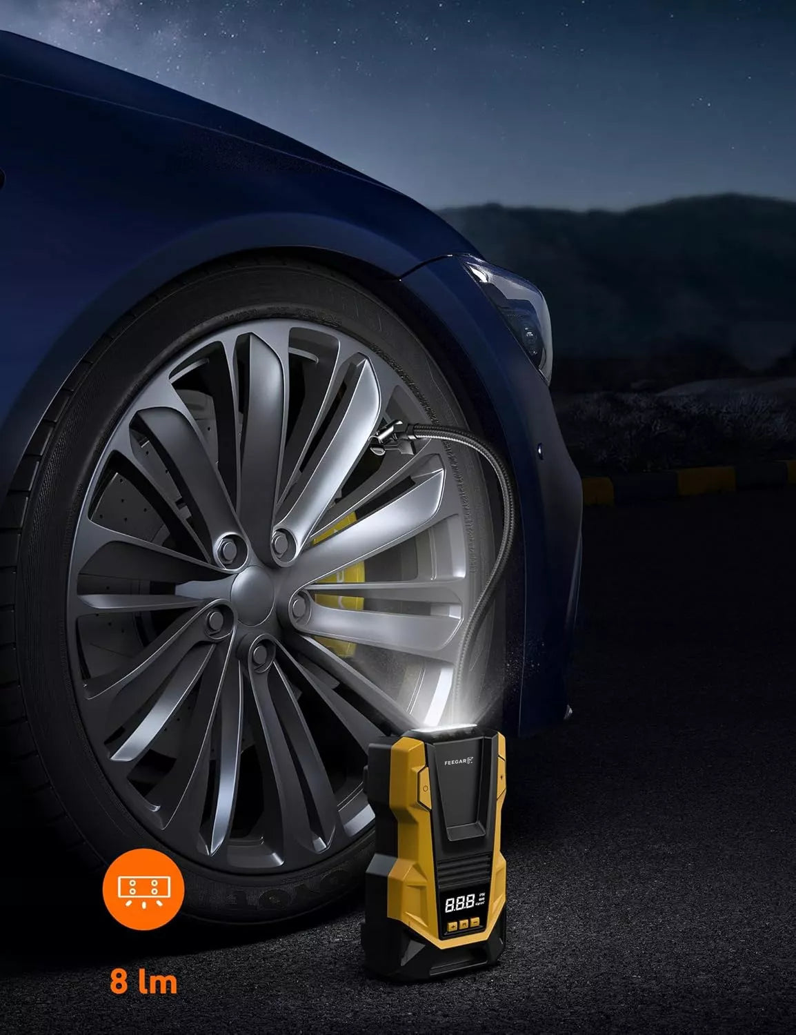 Automobilinis kompresorius 12V 230V Feegar, nešiojamas siurblys padangoms su LED