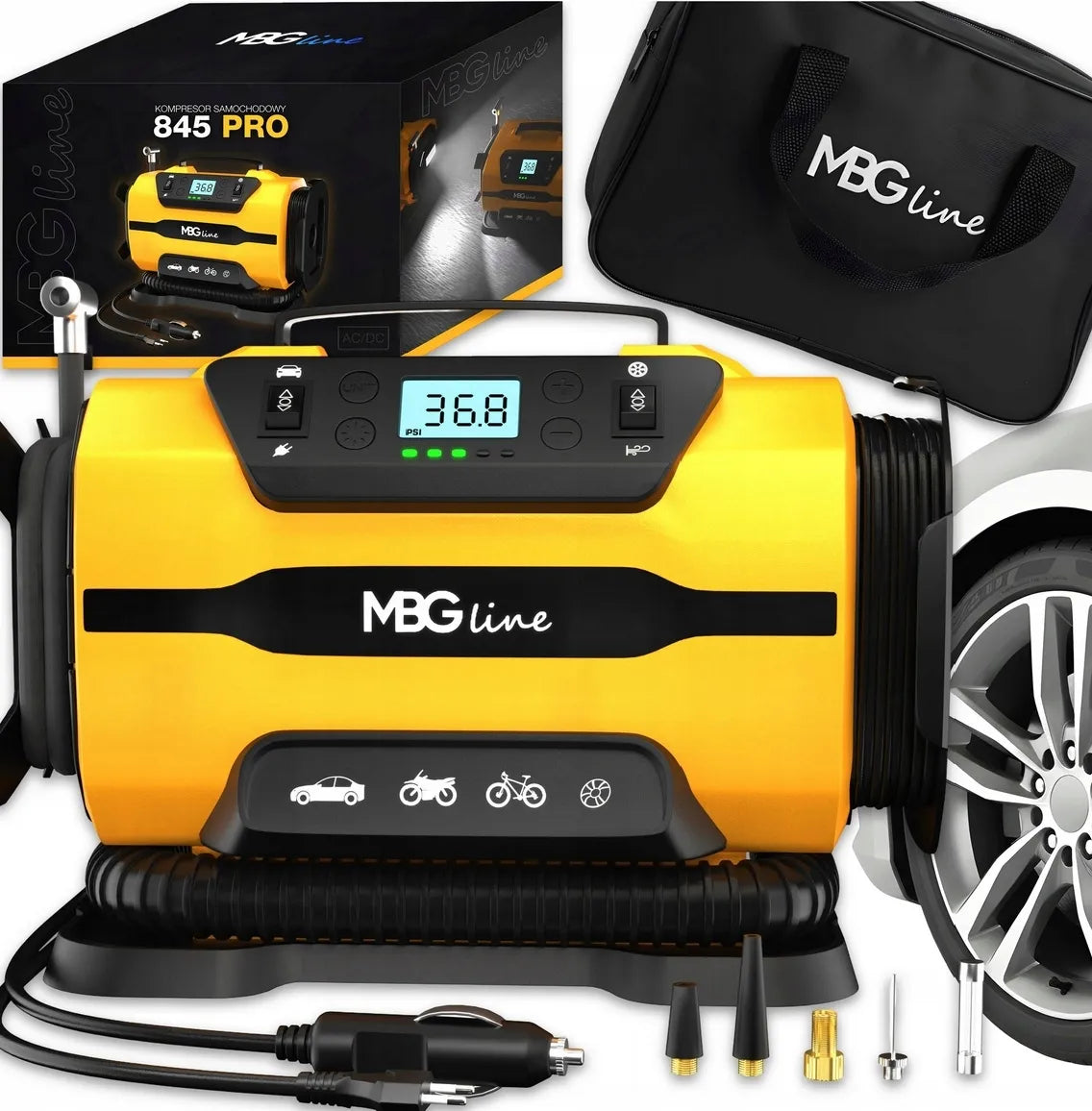 Automobilinis kompresorius 12V 230V, nešiojamas oro siurblys, pūstuvas su žibintuvėliu