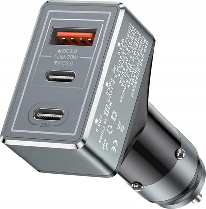 Automobilinis USB įkroviklis su 3 prievadais, LED indikatoriumi ir 65W galia