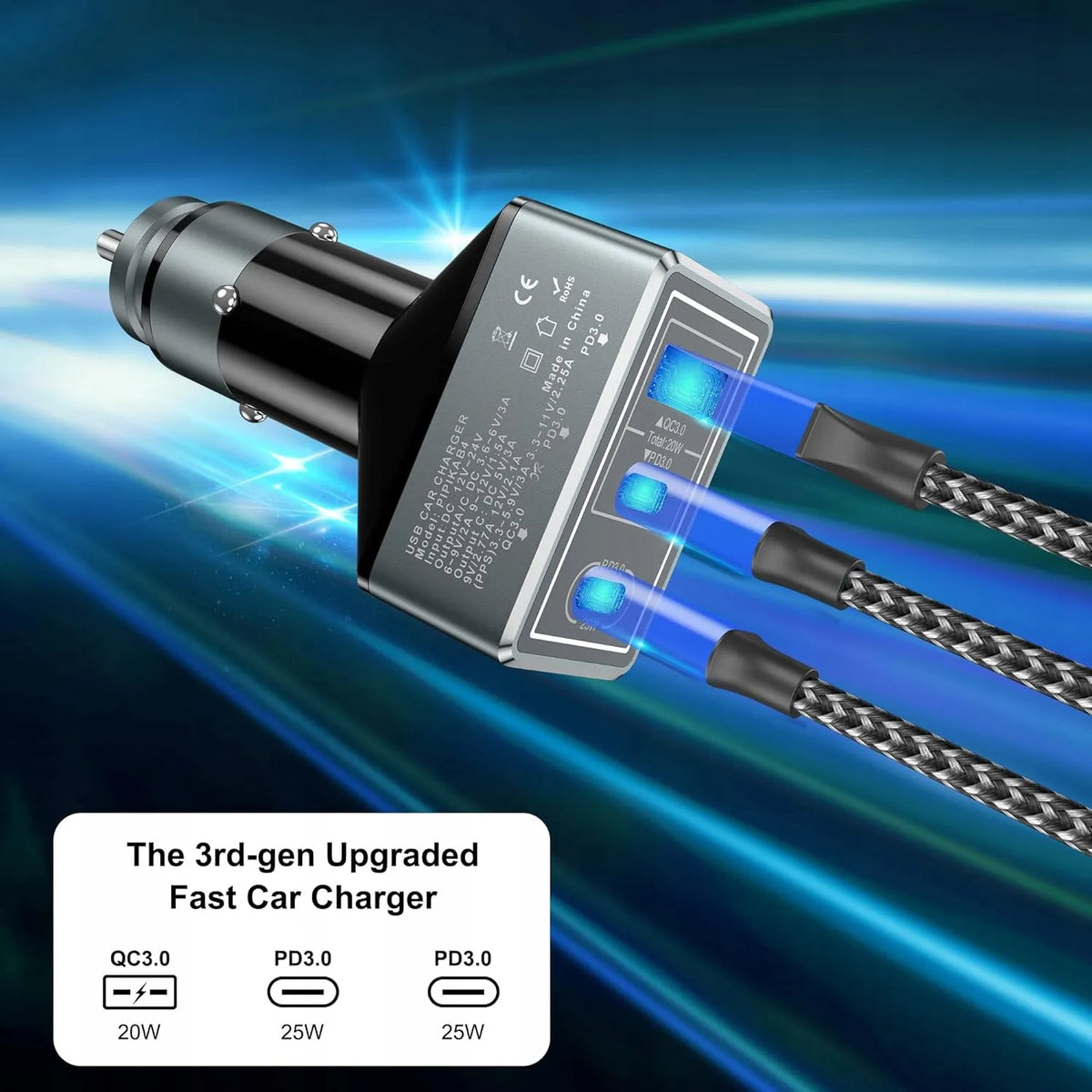 Automobilinis USB įkroviklis su 3 prievadais, LED indikatoriumi ir 65W galia