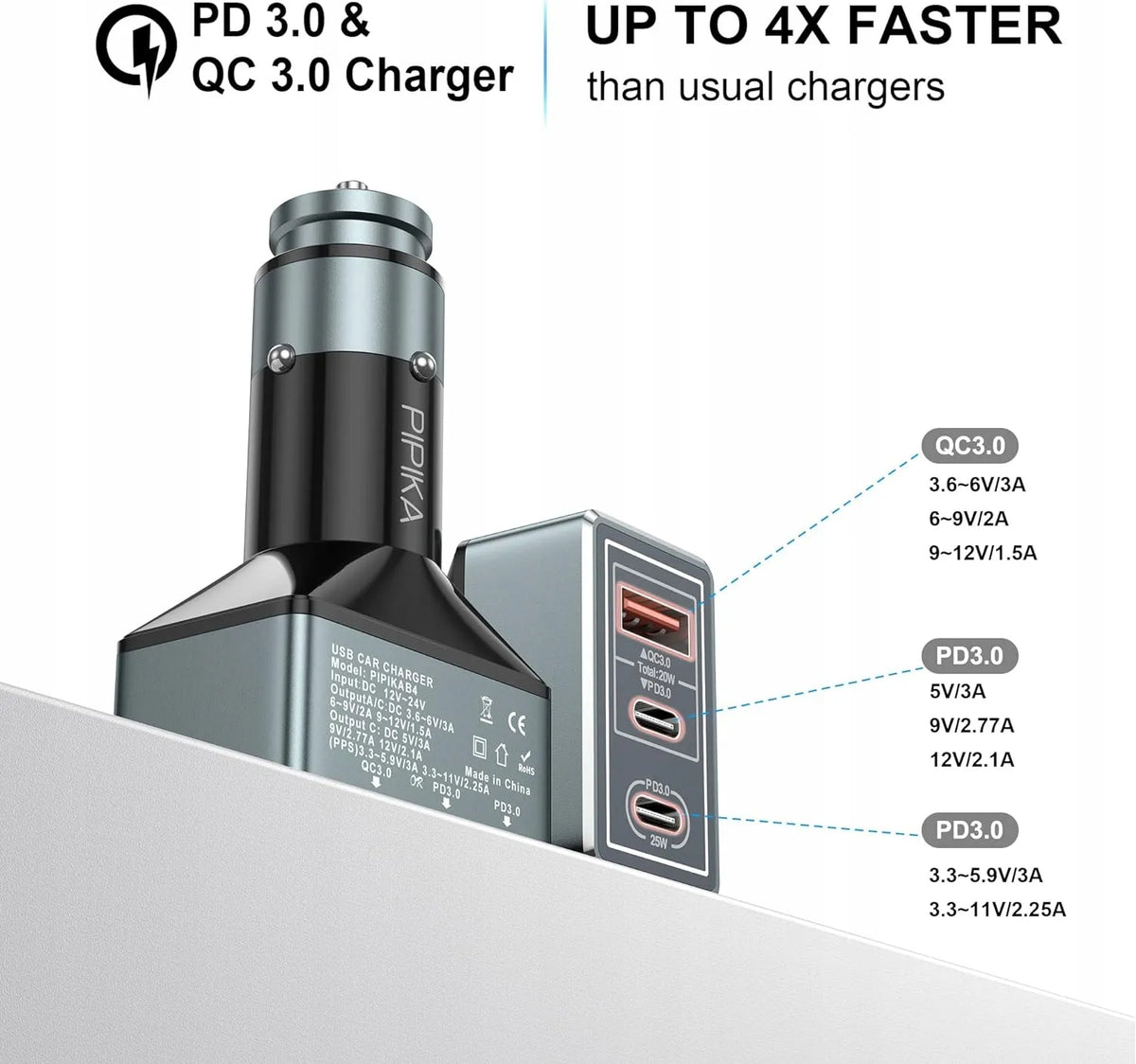 Automobilinis USB įkroviklis su 3 prievadais, LED indikatoriumi ir 65W galia