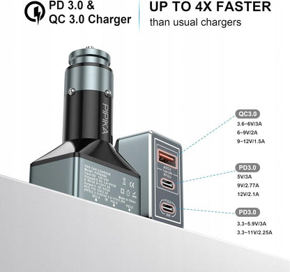 Automobilinis USB įkroviklis su 3 prievadais, LED indikatoriumi ir 65W galia