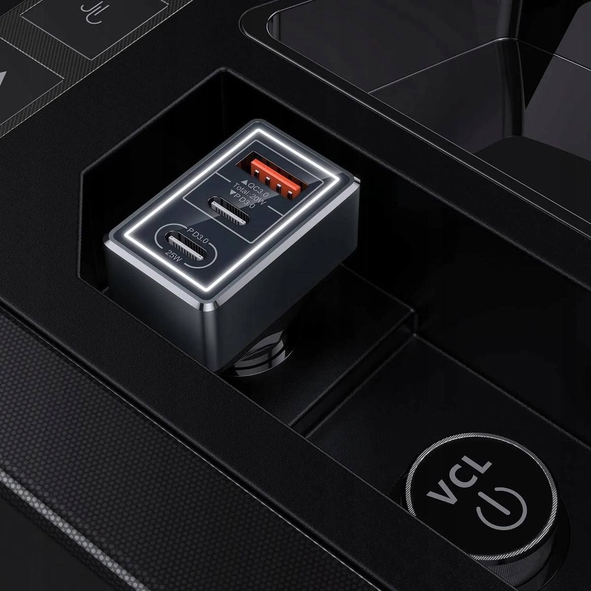 Automobilinis USB įkroviklis su 3 prievadais, LED indikatoriumi ir 65W galia