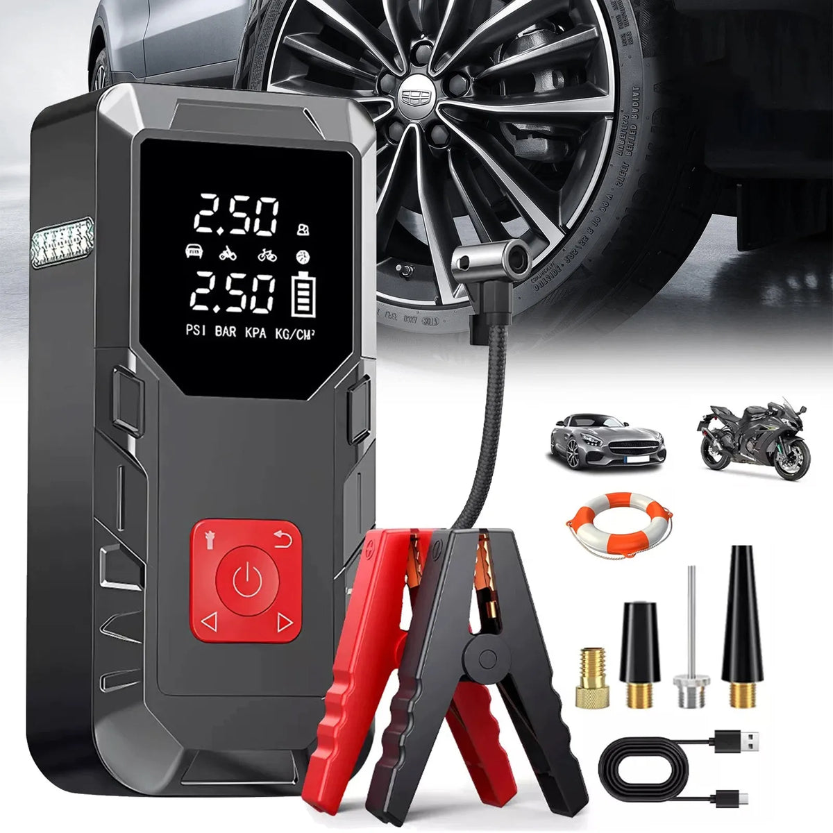 Automobilio paleidimo įrenginys 12 V, „booster“ su oro pompa