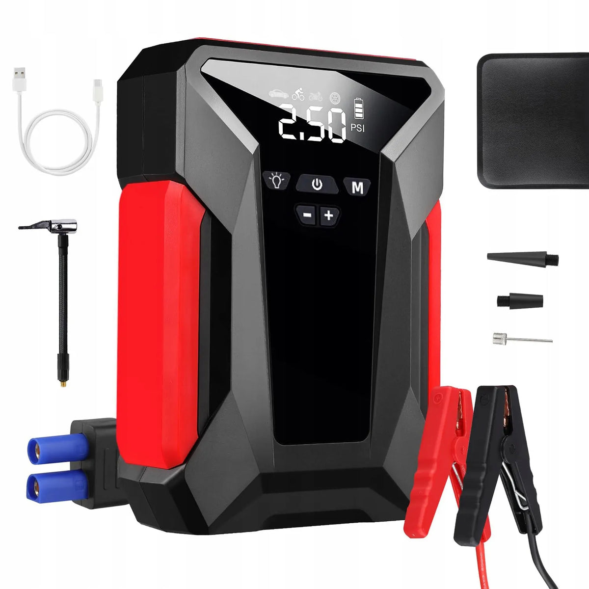 Automobilio paleidimo įrenginys jump starter kompresorius pompa booster powerbank dėklas