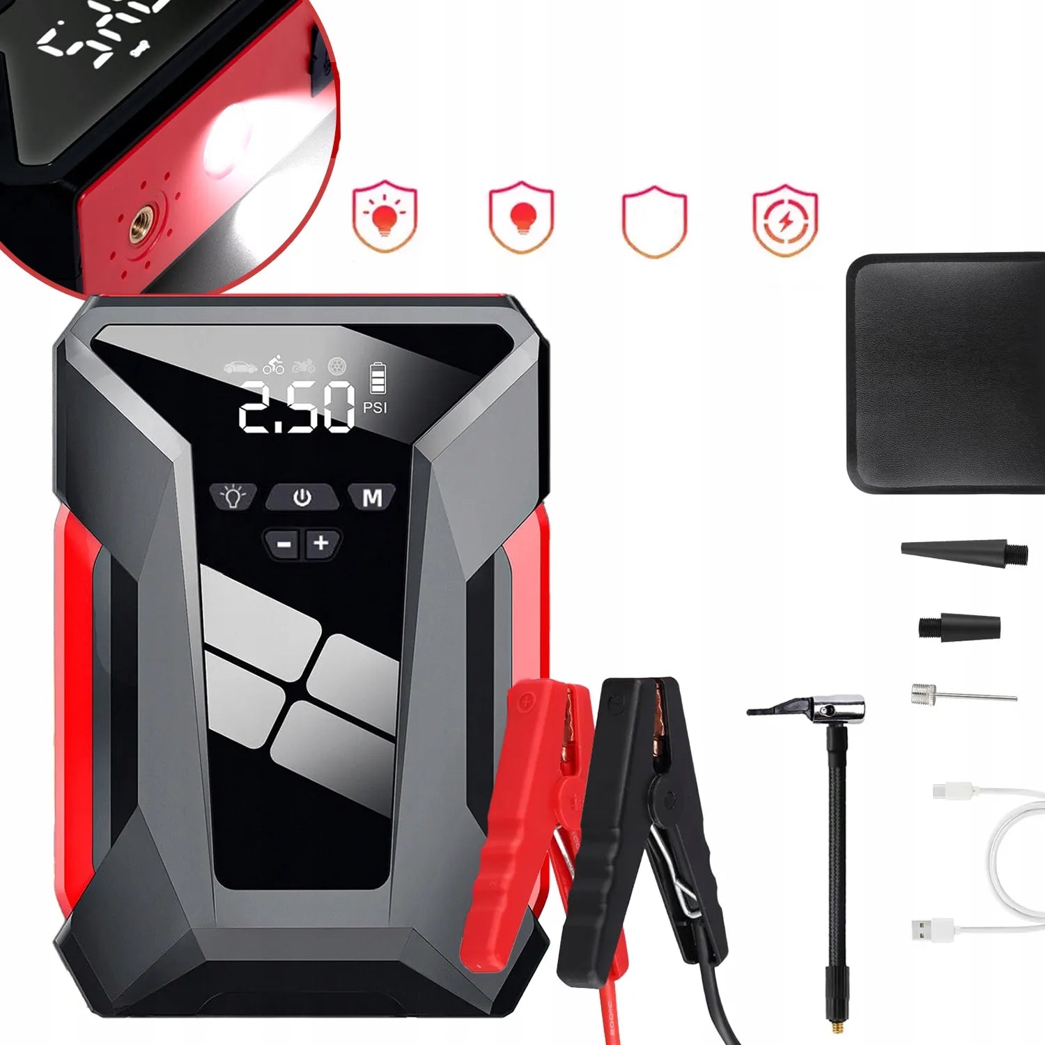 Automobilio paleidimo įrenginys jump starter kompresorius pompa booster powerbank dėklas