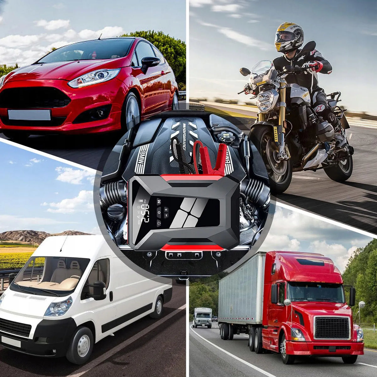 Automobilio paleidimo įrenginys jump starter kompresorius pompa booster powerbank dėklas