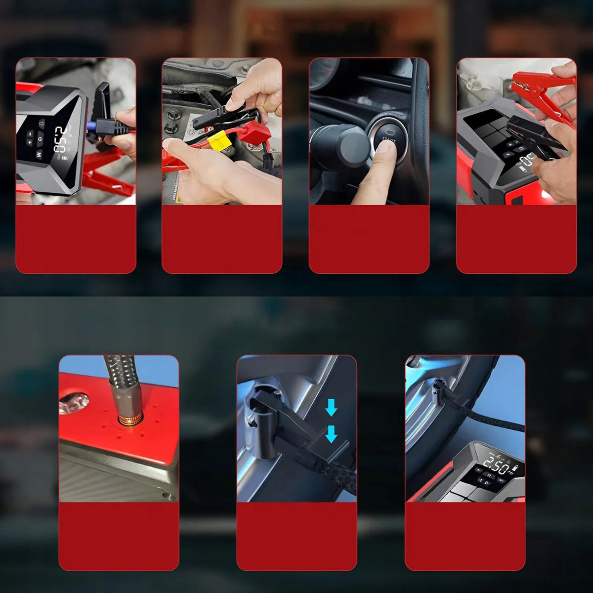 Automobilio paleidimo įrenginys jump starter kompresorius pompa booster powerbank dėklas