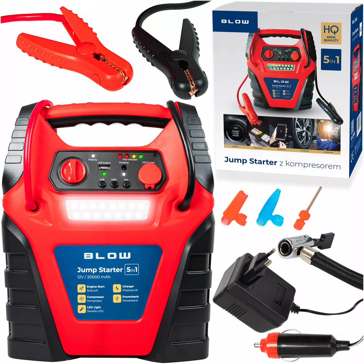 Automobilio užvedėjas / powerbank 5 in 1 – kompresorius ir siurblys automobiliams 12 V, 20000 mAh