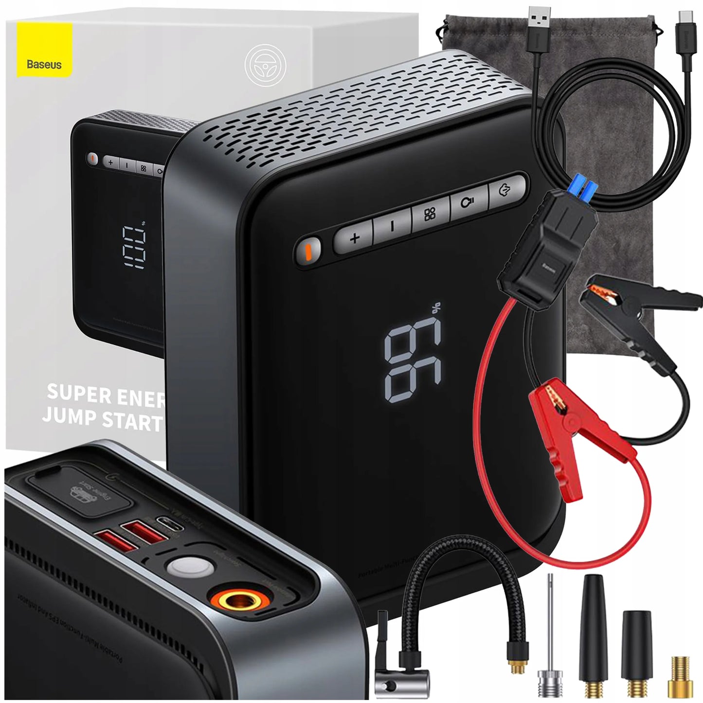 Automobilio užvedimo įrenginys BASEUS Jump Starter, Powerbank 8000 mAh, Kompresorius, Žibintuvėlis