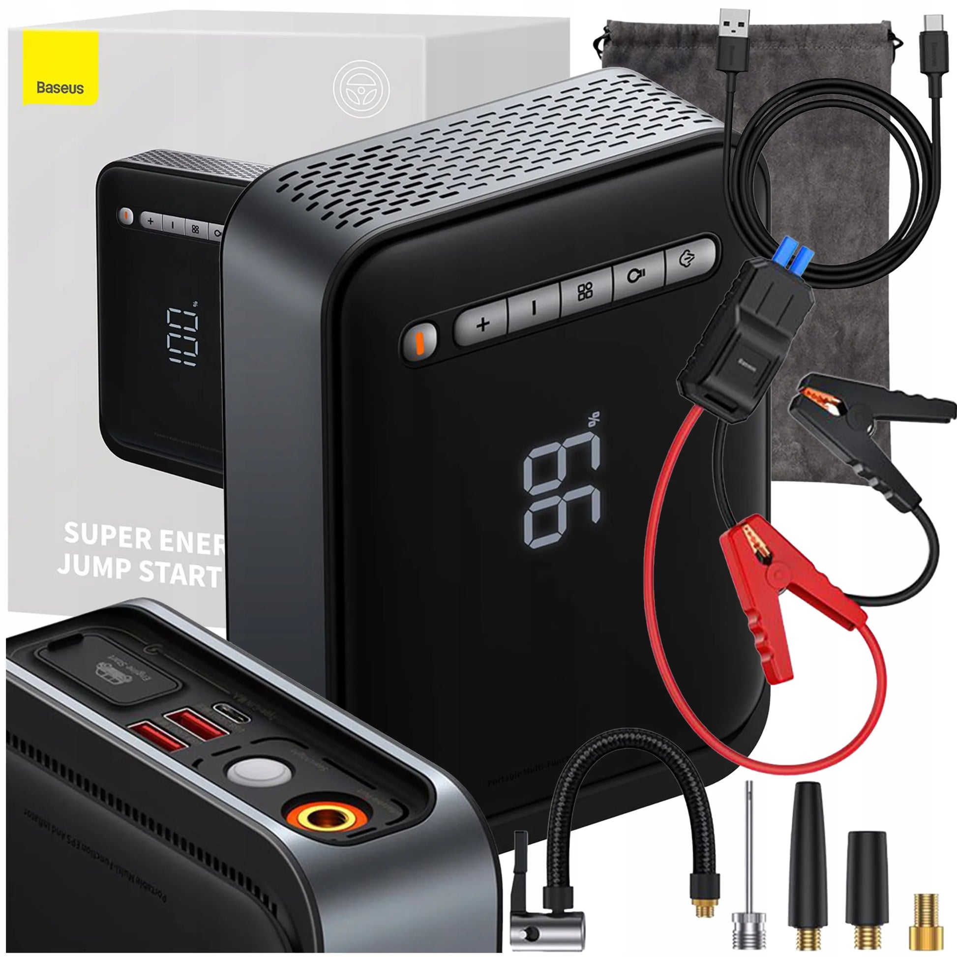 Automobilio užvedimo įrenginys BASEUS Jump Starter, Powerbank 8000 mAh, Kompresorius, Žibintuvėlis