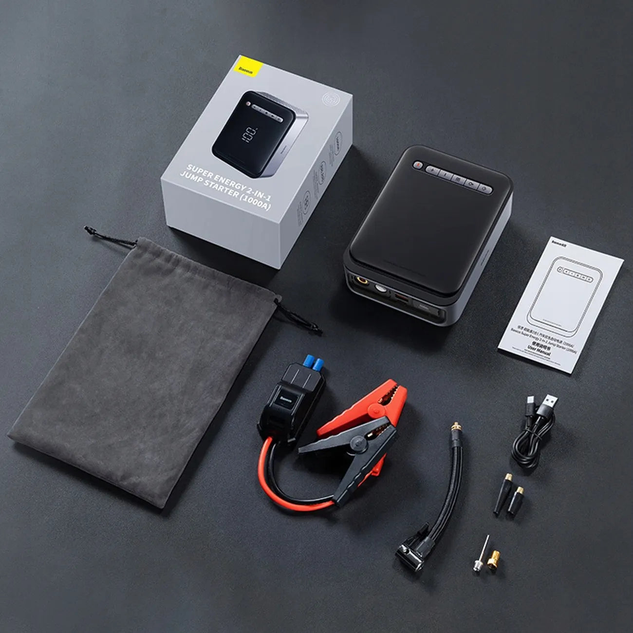 Automobilio užvedimo įrenginys BASEUS Jump Starter, Powerbank 8000 mAh, Kompresorius, Žibintuvėlis