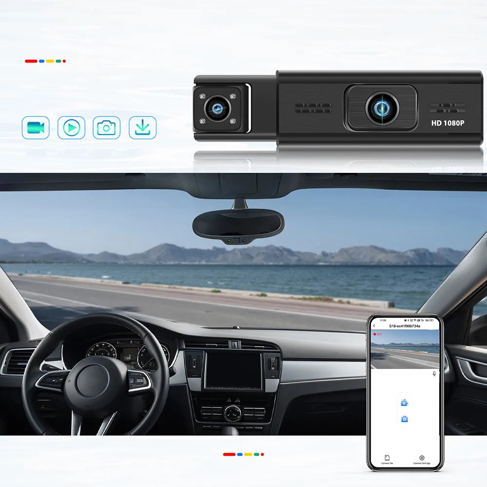Automobilio vaizdo registratorius, priekinė, galinė ir vidinė kamera, naktinis matymas, 1080P