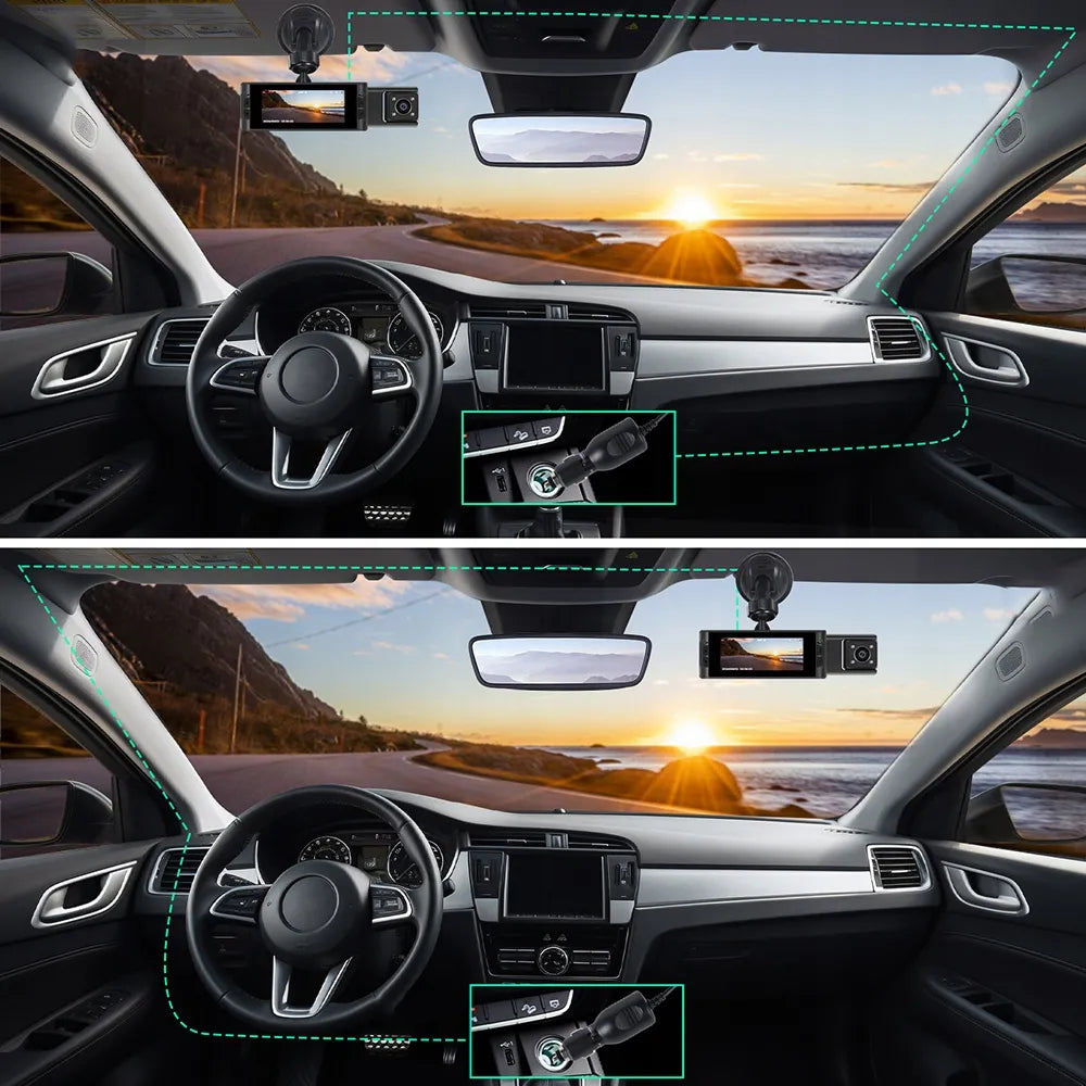 Automobilio vaizdo registratorius, priekinė, galinė ir vidinė kamera, naktinis matymas, 1080P