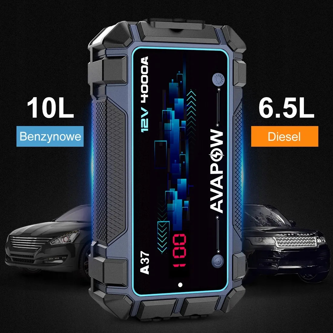 AVAPOW A37 automobilinis užvedimo įrenginys 4000A 74Wh 20000mAh su PowerBank funkcija
