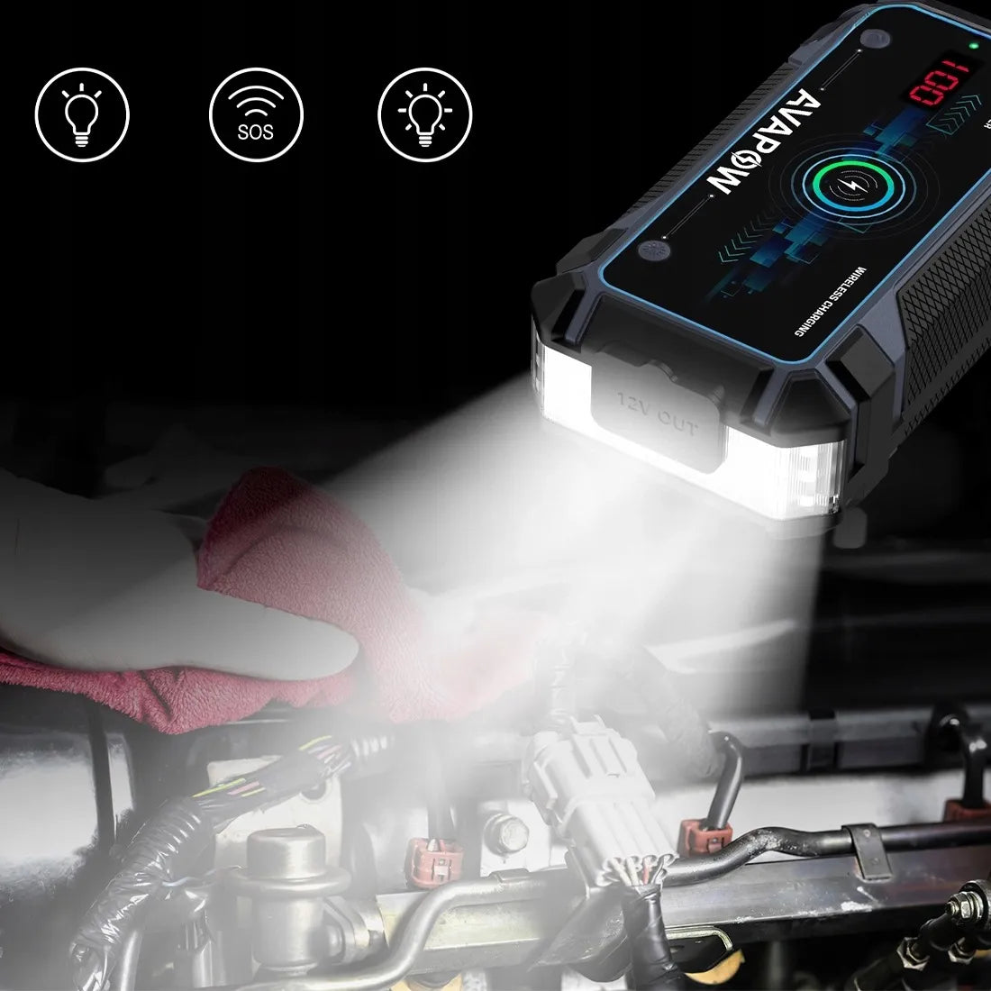 AVAPOW A9 Plus 12 V paleidimo įrenginys ir išorinė baterija, 12 000 mAh, 2000 A, 44 Wh, IP65, LED žibintuvėlis