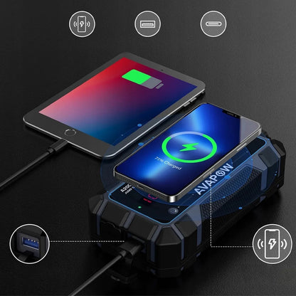 AVAPOW A9 Plus 12 V paleidimo įrenginys ir išorinė baterija, 12 000 mAh, 2000 A, 44 Wh, IP65, LED žibintuvėlis