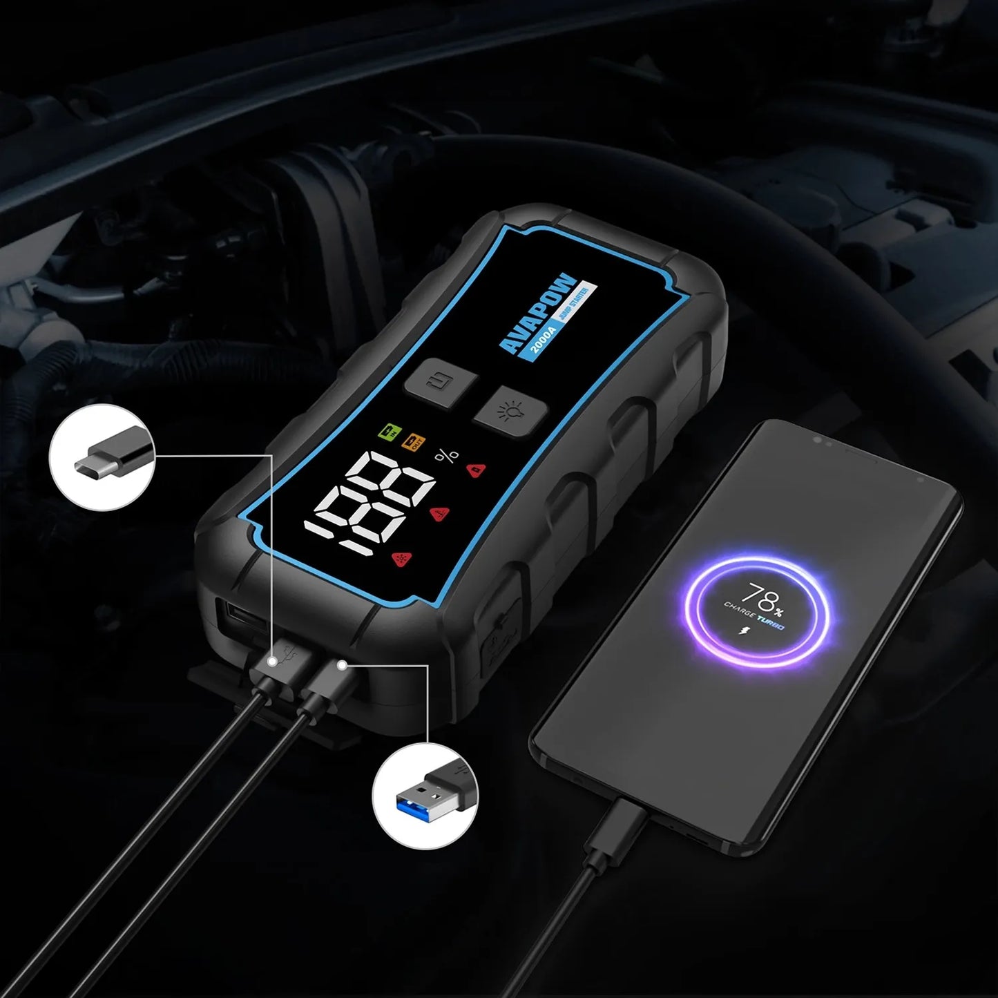AVAPOW E5 PRO automobilinis užvedimo įrenginys 12000 mAh 2000A 44.4Wh powerbankas