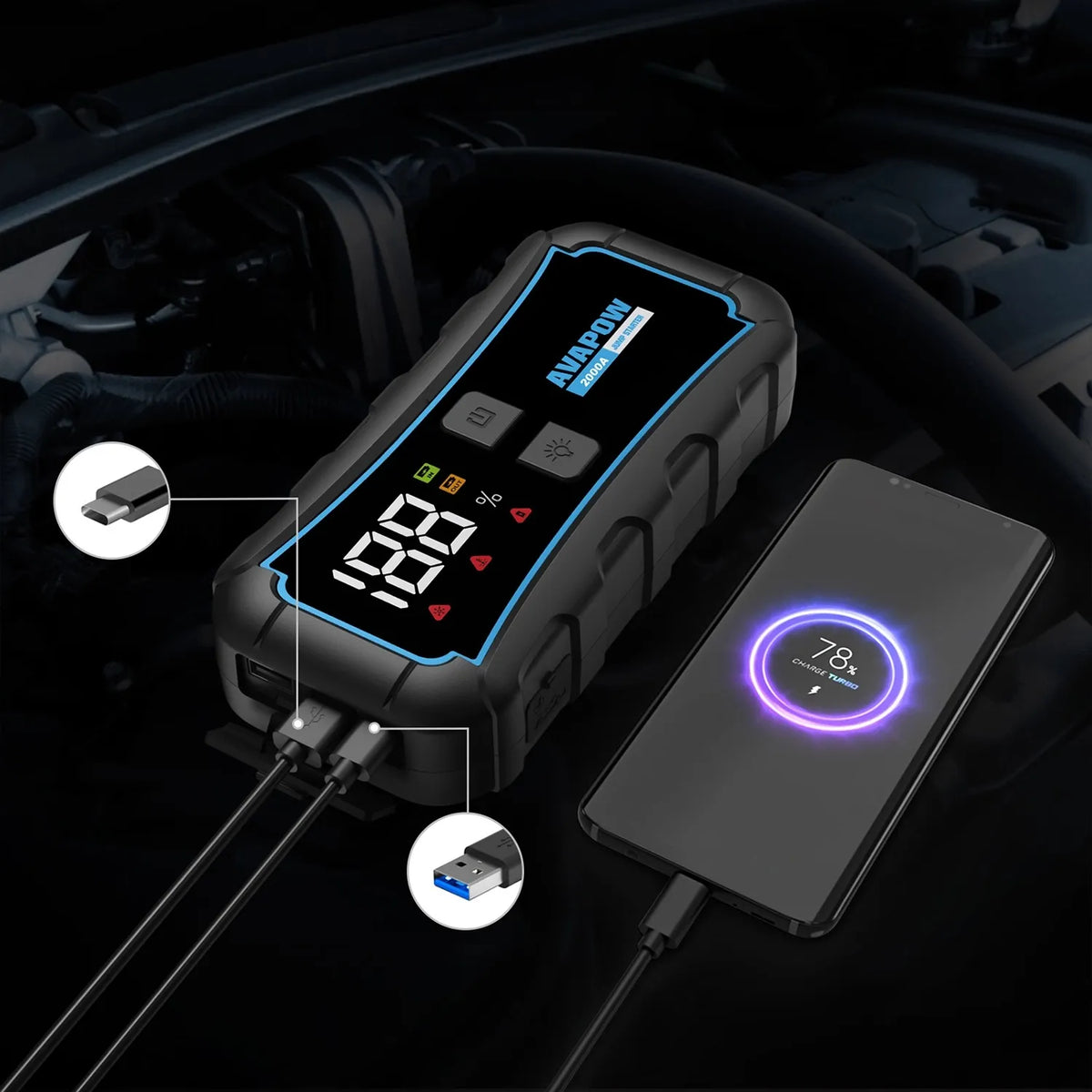 AVAPOW E5 PRO automobilinis užvedimo įrenginys 12000 mAh 2000A 44.4Wh powerbankas