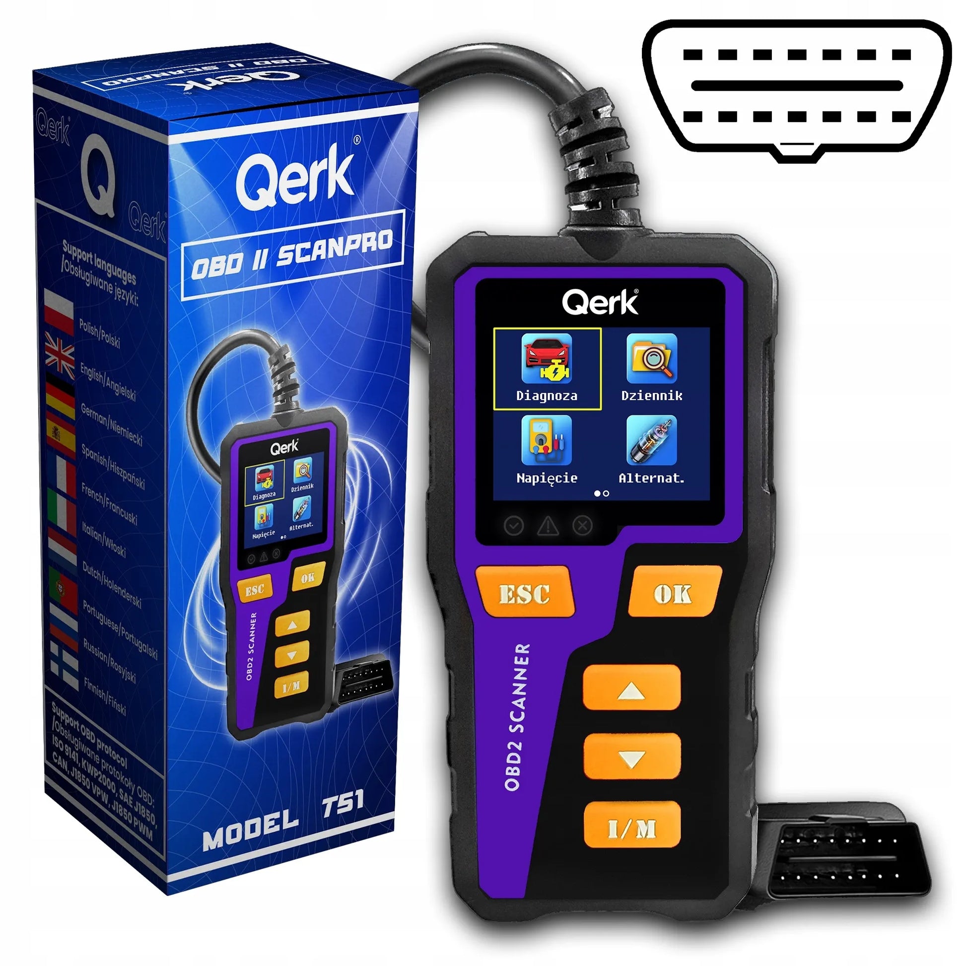 Automobilio diagnostinė sąsaja OBD2 PL meniu spalvotas ekranas QERK T51