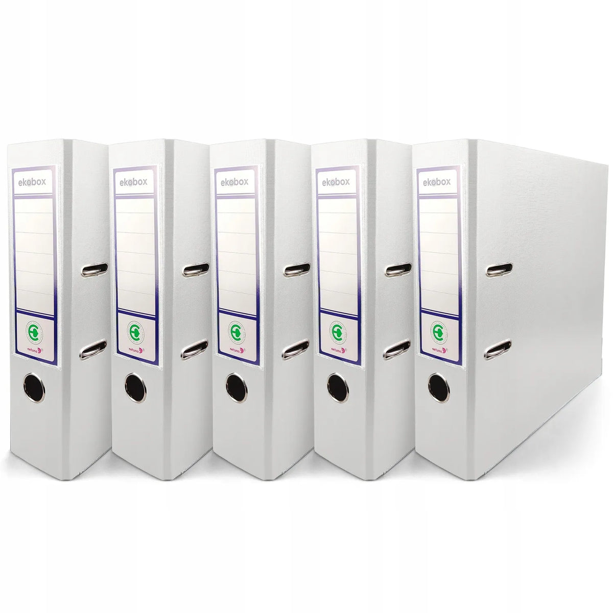 Baltas A4 segtuvas Ekobox 80mm, 5 vnt., platus biuro dokumentų segtuvas su svirtele