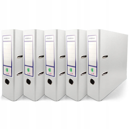 Baltas A4 segtuvas Ekobox 80mm, 5 vnt., platus biuro dokumentų segtuvas su svirtele