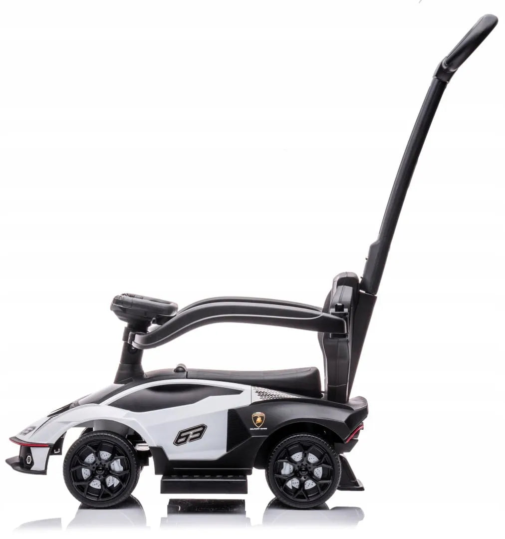 Baltas „Lamborghini Essenza SCV12“ vaikiškas automobilis-paspirtukas su stūmimo rankena