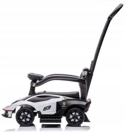 Baltas „Lamborghini Essenza SCV12“ vaikiškas automobilis-paspirtukas su stūmimo rankena