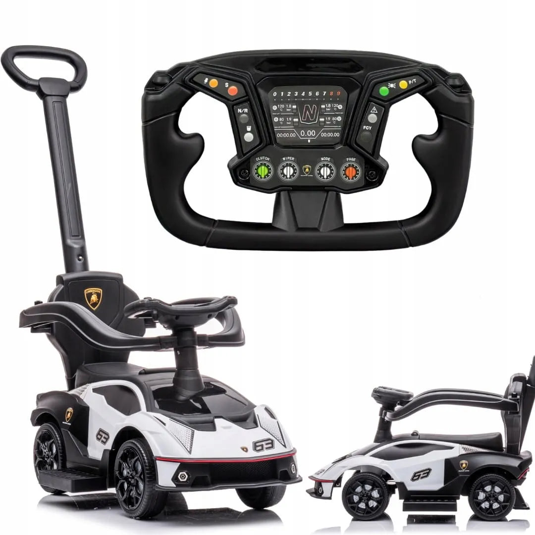 Baltas „Lamborghini Essenza SCV12“ vaikiškas automobilis-paspirtukas su stūmimo rankena