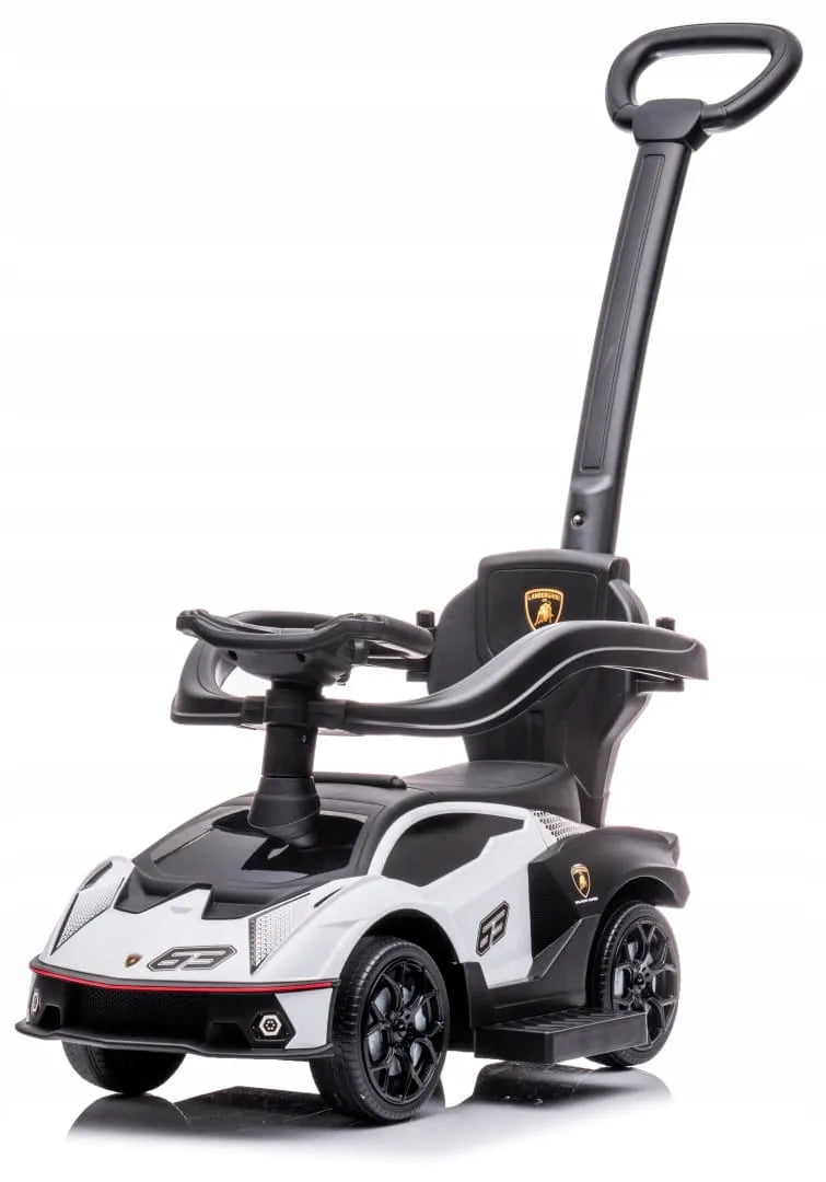 Baltas „Lamborghini Essenza SCV12“ vaikiškas automobilis-paspirtukas su stūmimo rankena
