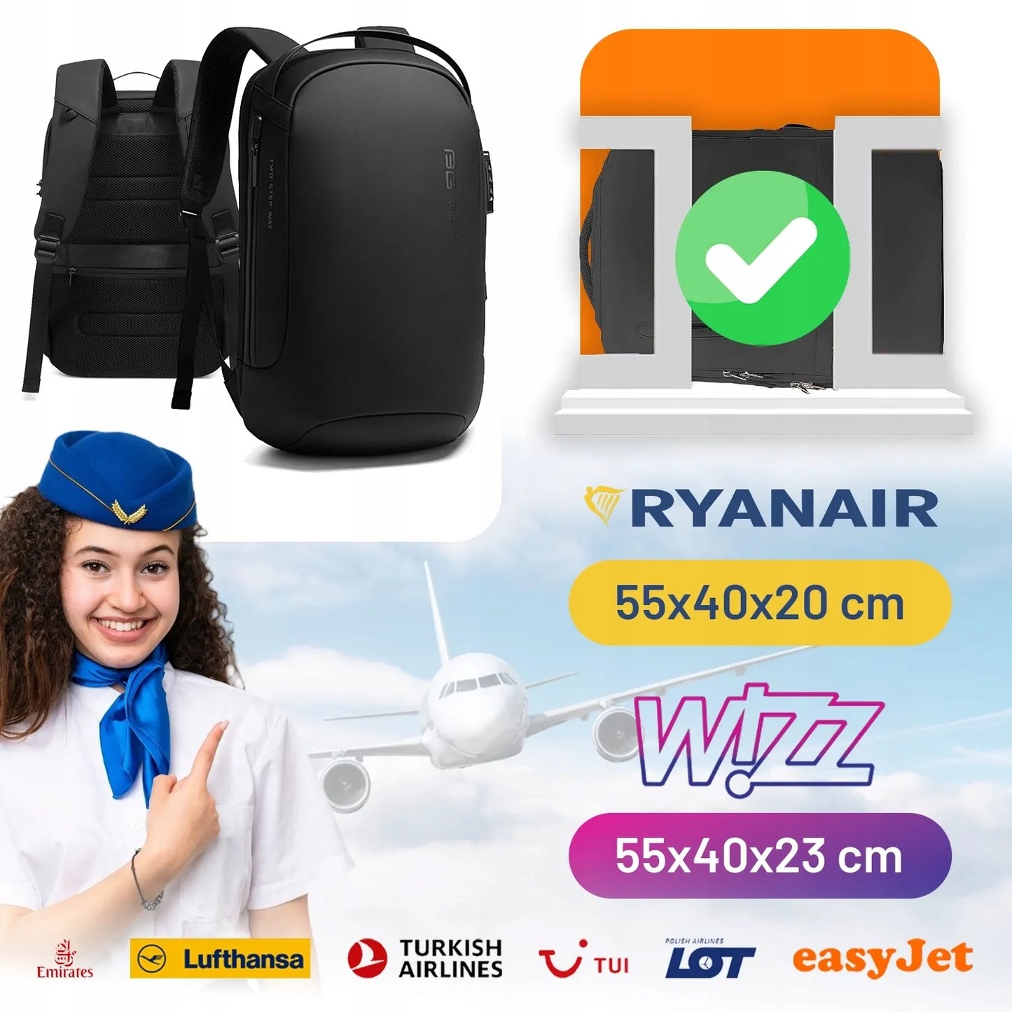 Bange kelioninė kuprinė su USB jungtimi ir kodine spyna, 15.6 col. nešiojamam kompiuteriui, juoda