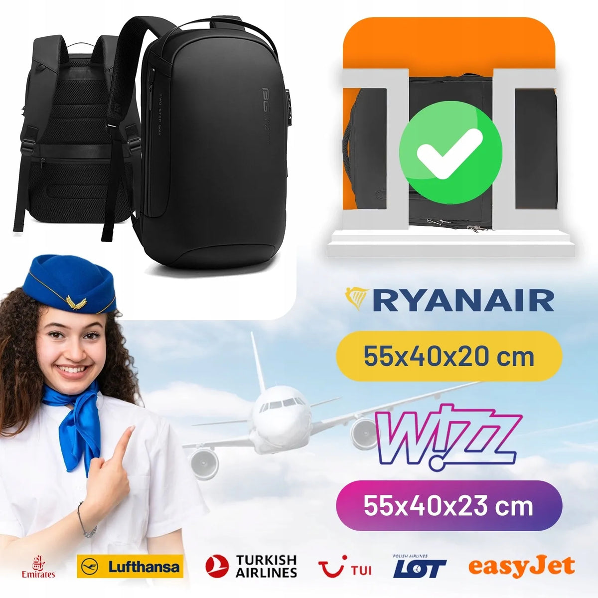 Bange kelioninė kuprinė su USB jungtimi ir kodine spyna, 15.6 col. nešiojamam kompiuteriui, juoda